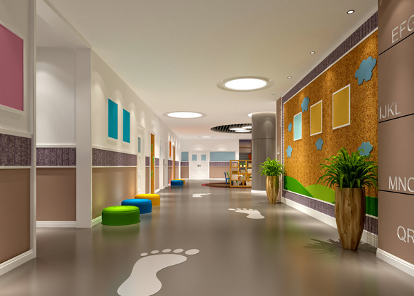 an inviting hallway with colorful wall decor and plants showing a playful design ideal for children's learning environment